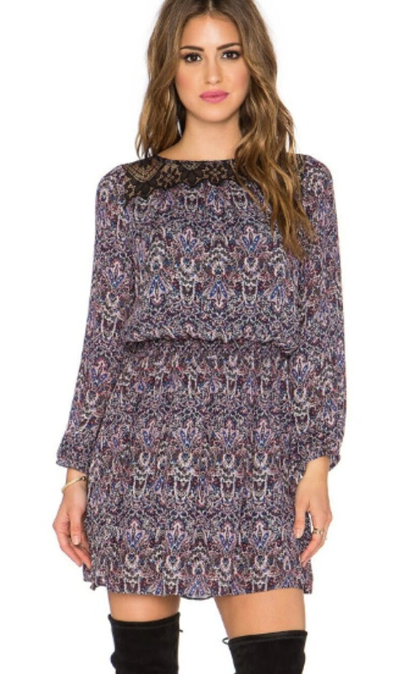 Joie Silk Paisley Lace Yoke Smocked Mini Dress Lined Black Blue Long Sleeve M